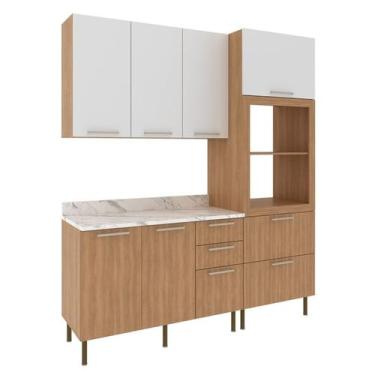 Imagem de Cozinha Modulada 4 Pecas 200 cm Freijo Branco Marmore Branco Tecno Mob