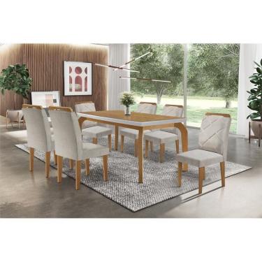 Imagem de Sala De Jantar Completa Londrina Tampo Madeirado C/ Vidro 180Cm + 6 Cadeiras Melissa Imbuia/Bege