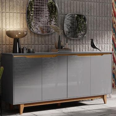 Imagem de Aparador Buffet Sala Flow Com 4 Portas Pés Madeira Maciça Cinza/freijo Cinza/freijo