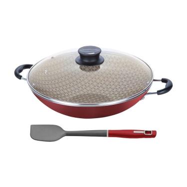 Imagem de Panela Wok Paris Alumínio Antiaderente 36cm E Espátula De Silicone Verano Vermelho - Tramontina