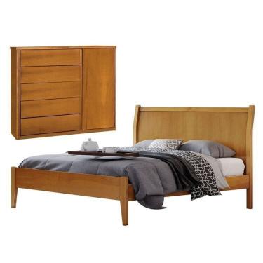 Imagem de Conjunto Quarto De Casal Cama 140cm E Cômoda 5 Gavetas Com Sapateiras Amêndoa Mel