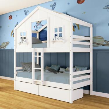 Imagem de Beliche Casinha Dos Sonhos Com 02 Gavetas Madeira Maciça Branco Megamobilia