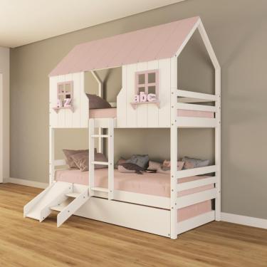 Imagem de Treliche Casinha Encantada Com Kit Escada/ Escorregador Madeira Maciça Branco/ Rosa Housin
