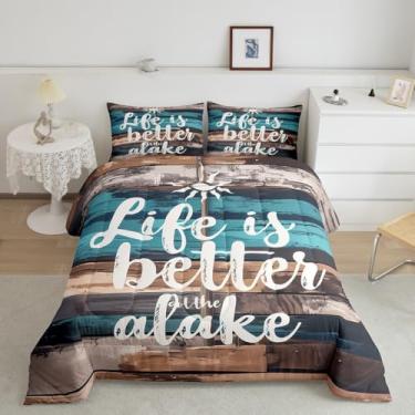 Imagem de jejeloiu Jogo de cama de casal Lake Life, para crianças, meninos, meninas, edredom de madeira rústica, ultramacio, decoração de casa de fazenda, edredom