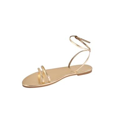 Imagem de GORGLITTER Sandálias Femininas Rasteiras Com Tiras No Tornozelo, Bico Aberto, Elegante, Sandália Rasteira De Verão, Dourada, 8