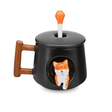 Imagem de YLOKO Linda caneca de cerâmica Shiba Inu com tampa e colher, canecas de café de 400 ml, copo de cachorro fofo para café, chá, leite, presentes adoráveis para amantes de cães, crianças, amigos - preta