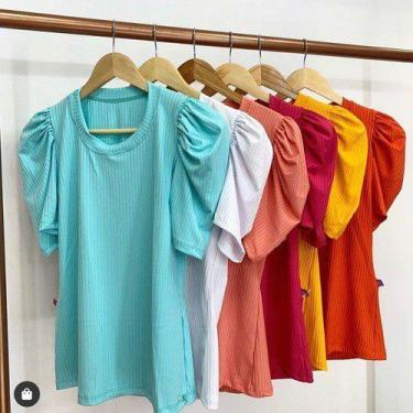 Imagem de Blusa feminina manga curta princesa bufante gola rasa malha canelada l