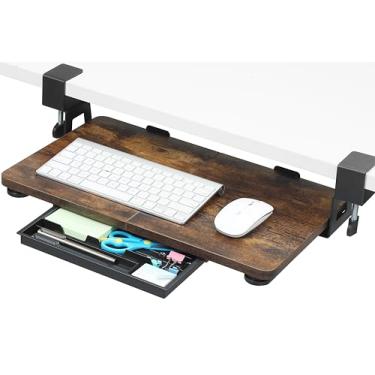 Imagem de ETHU Bandeja de teclado sob a mesa, gaveta de teclado pequena de 40 cm x 30 cm com suporte de fixação C fácil de instalar, suporte deslizante para teclado de computador, bandeja ergonômica para