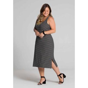 Imagem de Vestido longo canelado listrado feminino médio na cor preto/branco - L