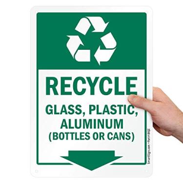 Imagem de SmartSign - S2-0373-PL-10x14-RR Placa "Reciclagem - vidro, plástico, alumínio" com seta para baixo | Plástico de 25,4 cm x 35,5 cm