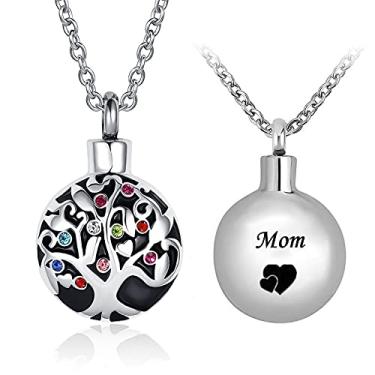 Imagem de LuxglitterLin Colar redondo de urna árvore da vida para cinzas de animais de estimação humanos, joias de cremação, pingente de lembrança de cristal multicolor, Metal