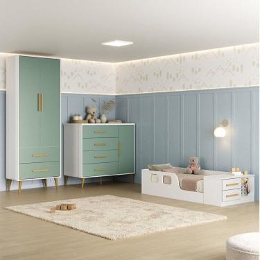 Imagem de Quarto Infantil com Guarda-Roupa 2 Portas 2 Gavetas com Cômoda e Cama Magia Espresso Móveis Branco/Verde