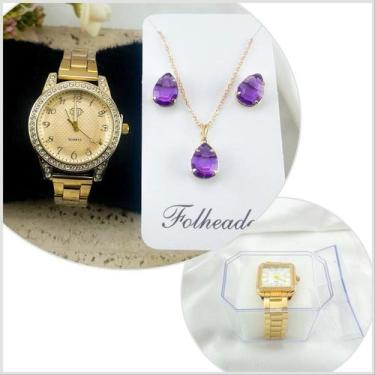 Imagem de Relogio feminino a prova dágua DHP kit de colar e brinco folheado - No