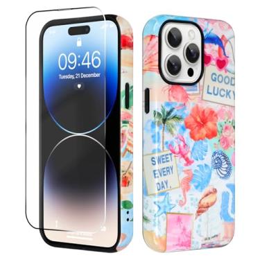 Imagem de ZIYE Capa magnética para iPhone 14 Pro Max com protetor de tela, compatível com MagSafe, concha do mar, praia, floral, verão, colagem, arte, arte, capa, capa rígida protetora contra quedas de 2