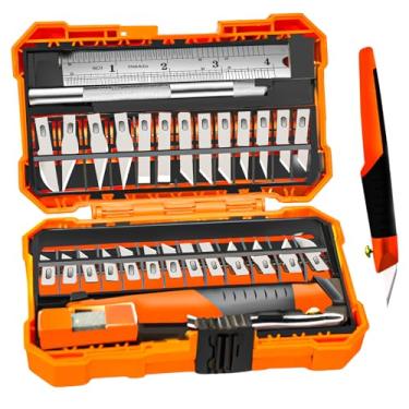 Imagem de NOEAIKE Conjunto De Facas Exacto De 31 Peças, Conjunto De Facas De Precisão Para Hobby Com Pinças, Pedra De Amolar, Régua De Aço, Lâminas Sk5 Para Artesanato, Modelagem, Escultura, Estêncil - Faca D