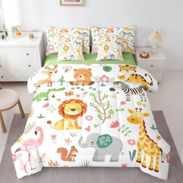 Imagem de Feelyou Jogo de cama de solteiro com estampa de leões, girafa de leões, 7 peças, animais zoológicos, flamingo, zebra, edredom com edredom, fronha, lençol de cima, lençol com elástico e capa de