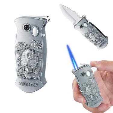 Imagem de Isqueiro de maçarico de caveira ajustável acendedor de gás recarregável para uso externo, interno, acampamento, churrasco, aniversário, presentes para homens (sem gás) (prata de caveira)