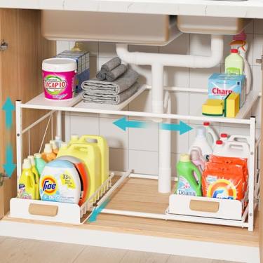 Imagem de REALINN Organizador extensível sob a pia, prateleira organizadora expansível sob o armário de 2 camadas com altura ajustável, organizador retrátil embaixo da pia e armazenamento, branco