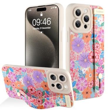 Imagem de AIGOMARA Capa para iPhone 15 Pro Max com alça para mulheres e meninas, linda estampa de flores florais coloridas, capa protetora de silicone com suporte de faixa macia, branca