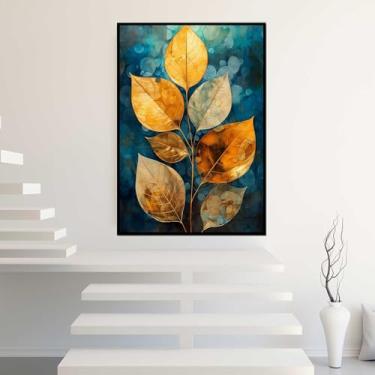 Imagem de Quadro com Moldura Abstrato Planta Folhas Dourada Azul Verde Decorativo Grande Sala Quarto Hall