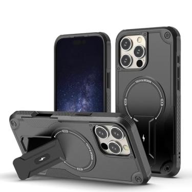 Imagem de HJZSZX Para iPhone 16 Pro Max Mecha Shockproof Invisible Bracket Magnetic Phone Case Wireless Charging Hard Back Cover (Para iPhone 16 Pro Max/Preto)