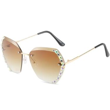 Imagem de Óculos de sol femininos grandes e sem aro, óculos de grau populares e luxuosos para homens, com diamante (chá degradê)