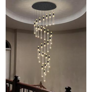 Imagem de Lustres modernos de LED de 4,4 m para sala de estar, sala de jantar, entrada - Luzes pendentes de cilindro de cristal reguláveis