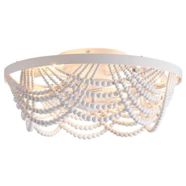 Imagem de Ventilador de teto Boho com luzes embutidas, contas de madeira branca Bohemia de 50 cm perto da luz do ventilador de teto, 4 luzes de baixo perfil fechado ventiladores de teto com controle remoto para