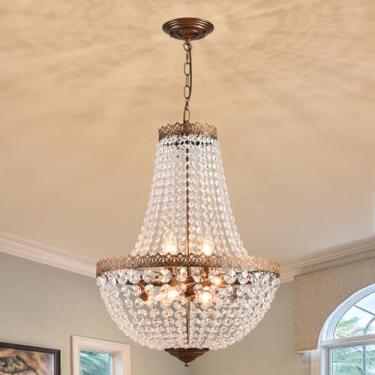 Imagem de KAIQI 6 Luzes Império Francês Lustre de Cristal Iluminação Pingente Casa de Fazenda, Luminária de Teto Bronze Antigo para Sala de Jantar Quarto Foyer Sala de Estar, L47 x A25,6 cm