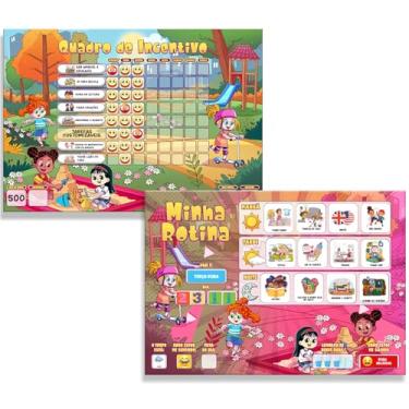 Imagem de Kit Quadro de Rotina Infantil + Quadro de Incentivo ao Bom Comportamento Recompensa 30x40 +1 Caneta + 200 tags para Geladeira (Meninas)