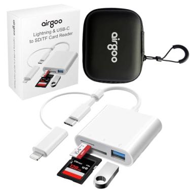 Imagem de Leitor de cartão SD para iPhone iPad, câmera airgoo Trail, adaptador de cartão de memória SD 3 em 1 com compartimentos duplos e porta USB, com conectores duplos Lighttening e USB-C, com bolsa portátil