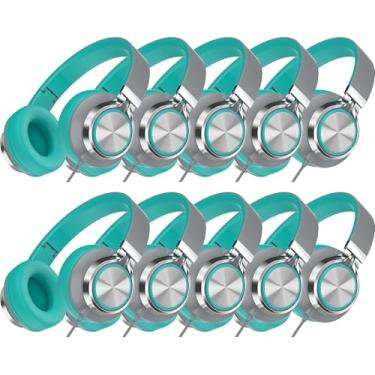 Imagem de MIXCU Fones de ouvido para crianças em idade escolar, pacote com 10, fones de ouvido com fio para sala de aula, com microfone, dobrável, faixa de cabeça ajustável, conector de 3,5 mm (verde menta)