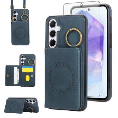 Imagem de Capa carteira compatível com Samsung Galaxy A15 5G/4G e protetor de tela, alça de ombro transversal, fivela, suporte para cartão, suporte magnético para carro, capa para celular para A 15 G5 15A