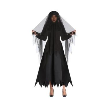 Imagem de Adulto Preto Bruxa Fantasma Noiva Vampiro Traje Feminino Halloween Cos
