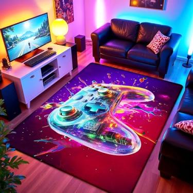 Imagem de Tapete de área de jogos para quarto de meninos, tapete de controle de jogos neon para decoração de quarto de jogadores, tapete de gamepad macio para meninos adolescentes, tapete legal de videogame