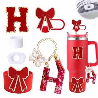 Imagem de Conjunto de 6 peças de acessórios para copo vermelho Stanley Cup 850 g 1,134 g copo com alça, incluindo tampa de cobertura de palha de silicone e bota de laço, tampa à prova de derramamento, pingente