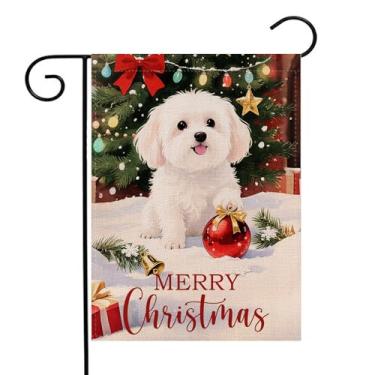 Imagem de Merry Christmas Bandeira de jardim 31,5 x 45,7 cm dupla face externa, cachorro maltês Xmas Yard Outdoor Flag