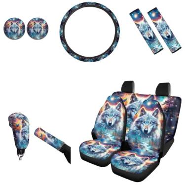 Imagem de AFPANQZ Capas de assento de carro Wolf Starry Sky conjunto completo de 11 peças almofada de banco dianteiro e traseiro com capa de volante almofadas de cinto de segurança neoprene freio de mão e botão
