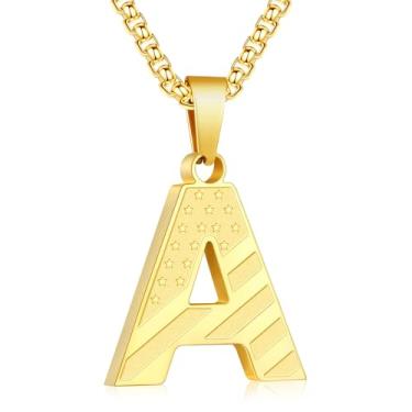 Imagem de Zocomi Colar com pingente de inicial da bandeira americana para homens e meninos, corrente de aço inoxidável 316L A-Z caixa de letras 50 + 5 cm joias presentes, Aço inoxidável, Sem Pedra Preciosa