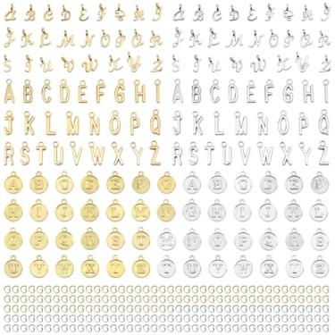 Imagem de Lukiisoo 156 peças/6 conjuntos de pingentes de letra redonda de letra A-Z pingentes de letra A a Z pingente inicial de ouro prata para fazer joias colar de pulseira com 200 peças de anéis de salto