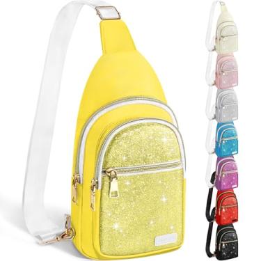 Imagem de Bolsa tiracolo para mulheres e homens, bolsas tiracolo com glitter, linda mini mochila de caminhada, bolsa de ombro casual para viagens ao ar livre (dourada e amarela brilhante)
