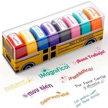 Imagem de Qilery 8 peças de carimbo de professor espanhol, presentes de borracha, autotinta, motivação para escola, espanhol, sala de aula, prêmios escolares para crianças (multicolorido, elegante)