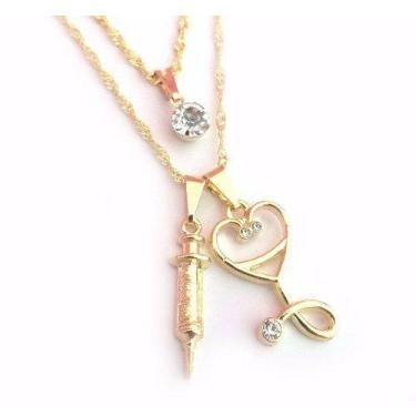 Imagem de Colar Duplo Pingente Enfermagem Seringa Esteto Coração - Milena Joias