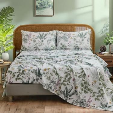 Imagem de Cozaline Jogo de cama Queen 100% algodão – Jogo de cama floral vintage verde sálvia 4 peças, tecido percal respirável macio, lençol com elástico profundo 44,5 cm, sensação fresca e refinada, elegância