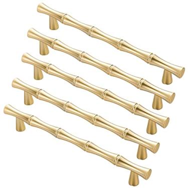 Imagem de Puxador criativo para móveis - Puxador de porta de armário antigo em forma de bambu conjunto de 5, puxador exclusivo de armário, processo de galvanização de liga de zinco (ouro, 128 mm)