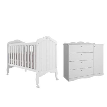 Imagem de Quarto Bebe Berço e Cômoda Permobili Harmonia Encanto MDF, Branco Bril