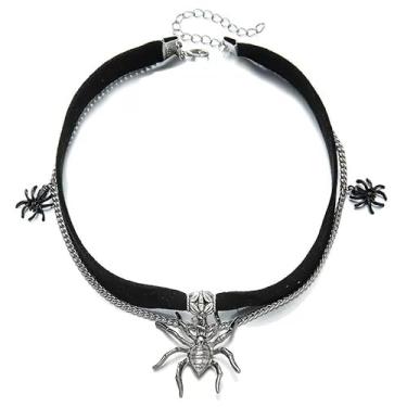 Imagem de Gargantilha Preta Gótica Aranhas Couro Camurça Corrente Pingente-Colar Preto Pescoço Gotico Aranha Prata Preto Festa Halloween Vampiro Bruxa Vintage Retrô-Choker Feminina Veludo Correntes Finas Presente Datas Especiais Amiga Namorada Esposa Filha