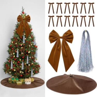 Imagem de Gejoy Conjunto de enfeites de Natal – 12 laços de veludo marrom, 1 saia de árvore de Natal, 1 arco grande de topo de árvore, 5.000 fios de gelo de tinsel prata para árvores de Natal, grinaldas de