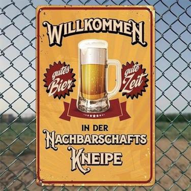 Imagem de Caneca de cerveja Willkommen Neighborhood Pub arte de parede de alumínio rústico e placa de metal - 20 x 30 cm decoração vintage para ambientes internos e externos para casa, escritório, café, quintal