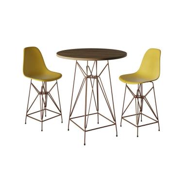 Imagem de Jogo Mesa Bistrô Eames Tampo Amêndoa 60Cm 2 Banquetas Amarela Base Ferro Cobre - Cor: Amendoa